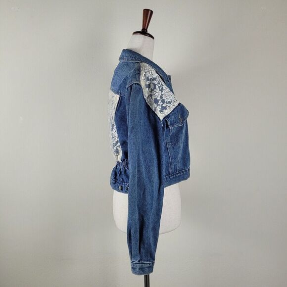 VTG Stefano International Jacket Small Blue Denim Lace Crop 90s Cottagecore - Picture 2 of 12